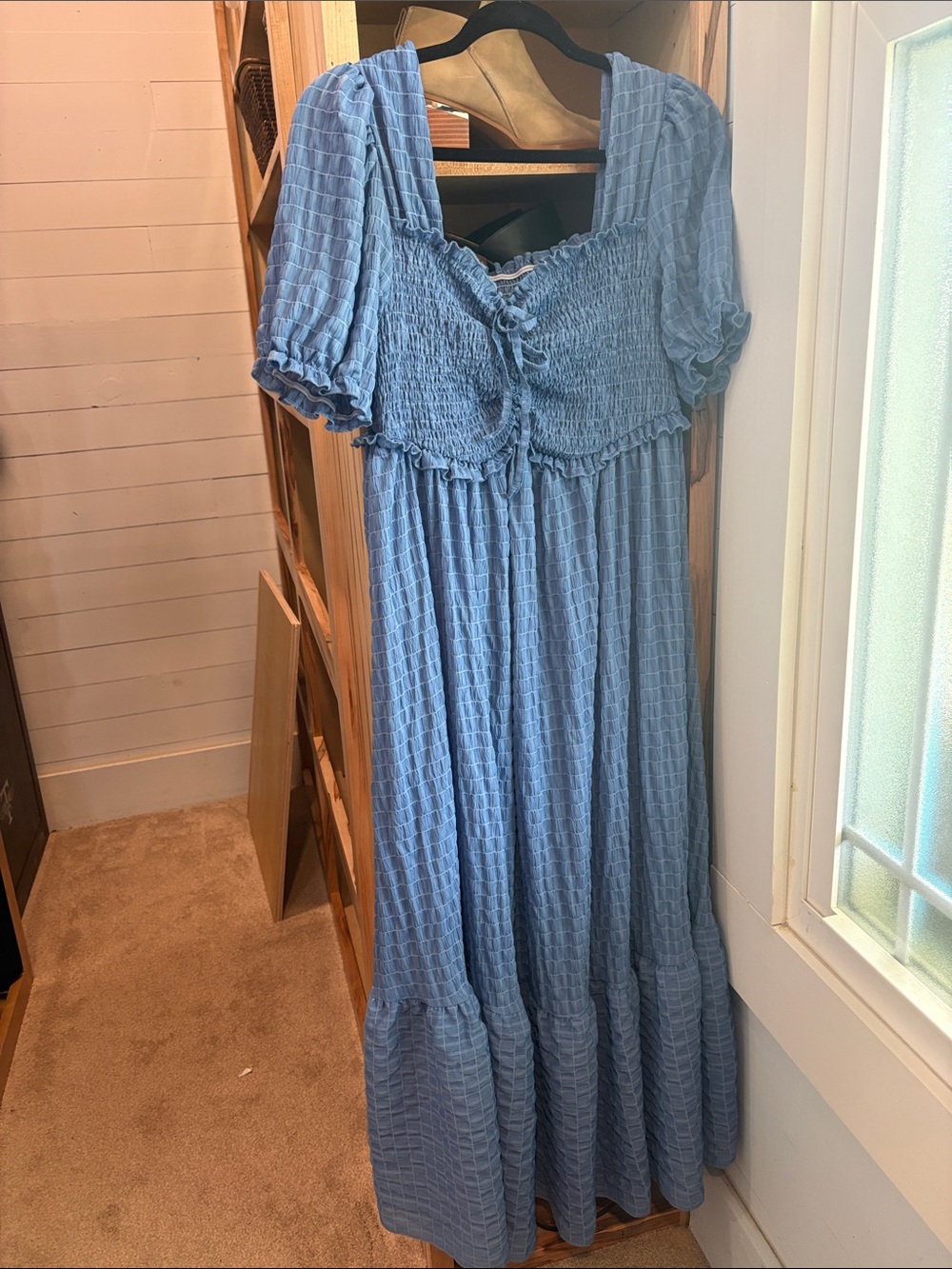 Blue Smocked Maxi Dress with Puff Sleeves